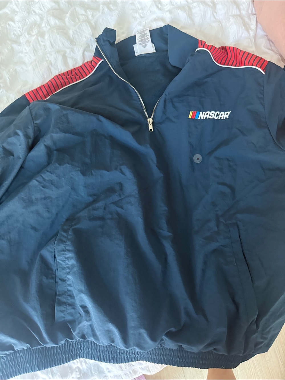 Nascar Navy Half-Zip Windbreaker with Red Shoulder Stripes